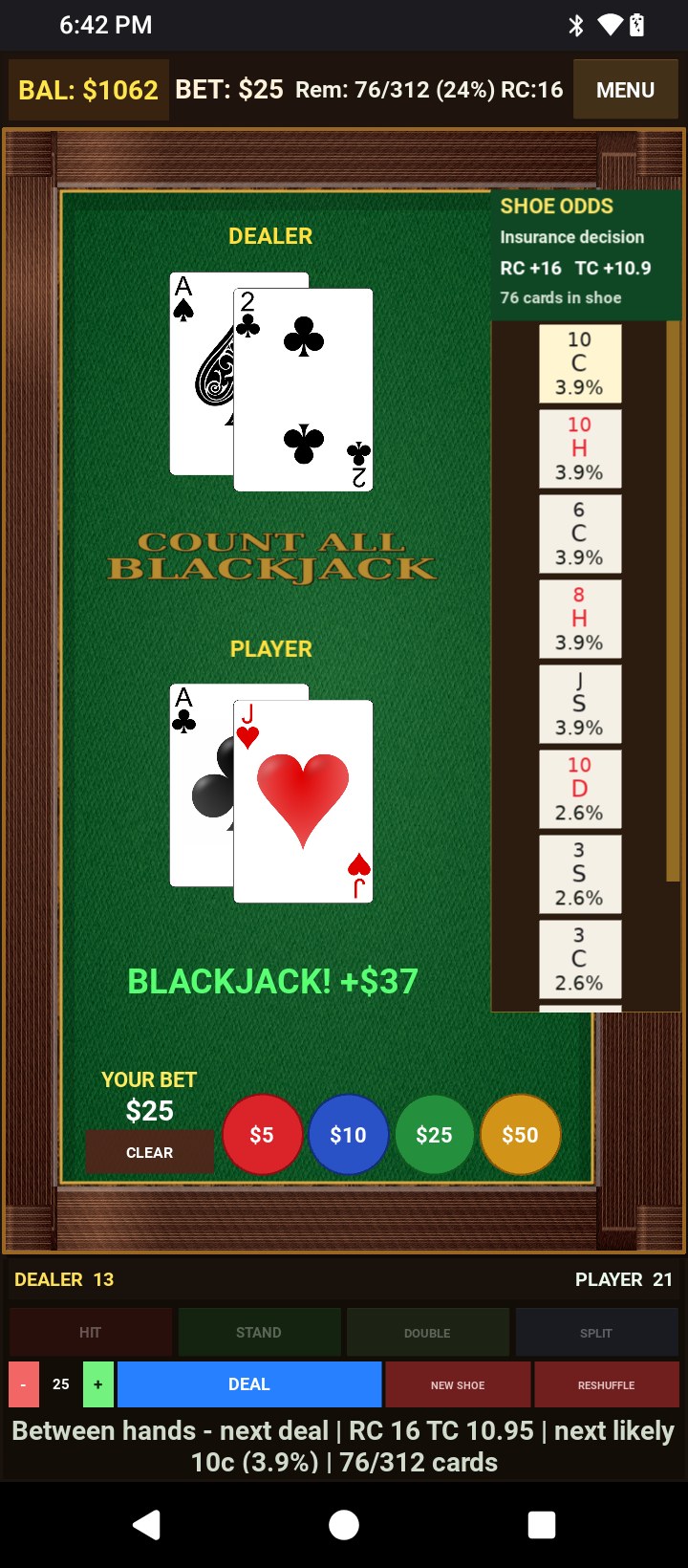 Count All Blackjack — blackjack win with live running count